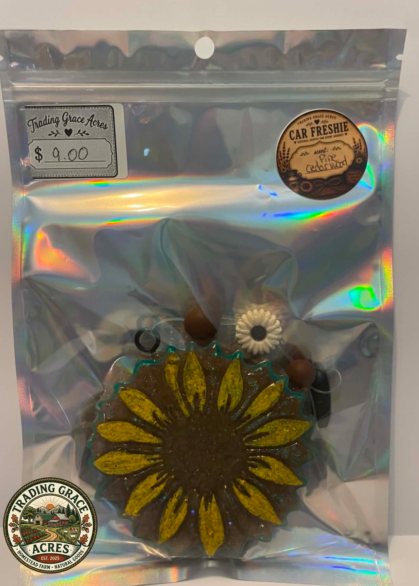 Sunflower Car Freshie – Pine Cedarwood Scent