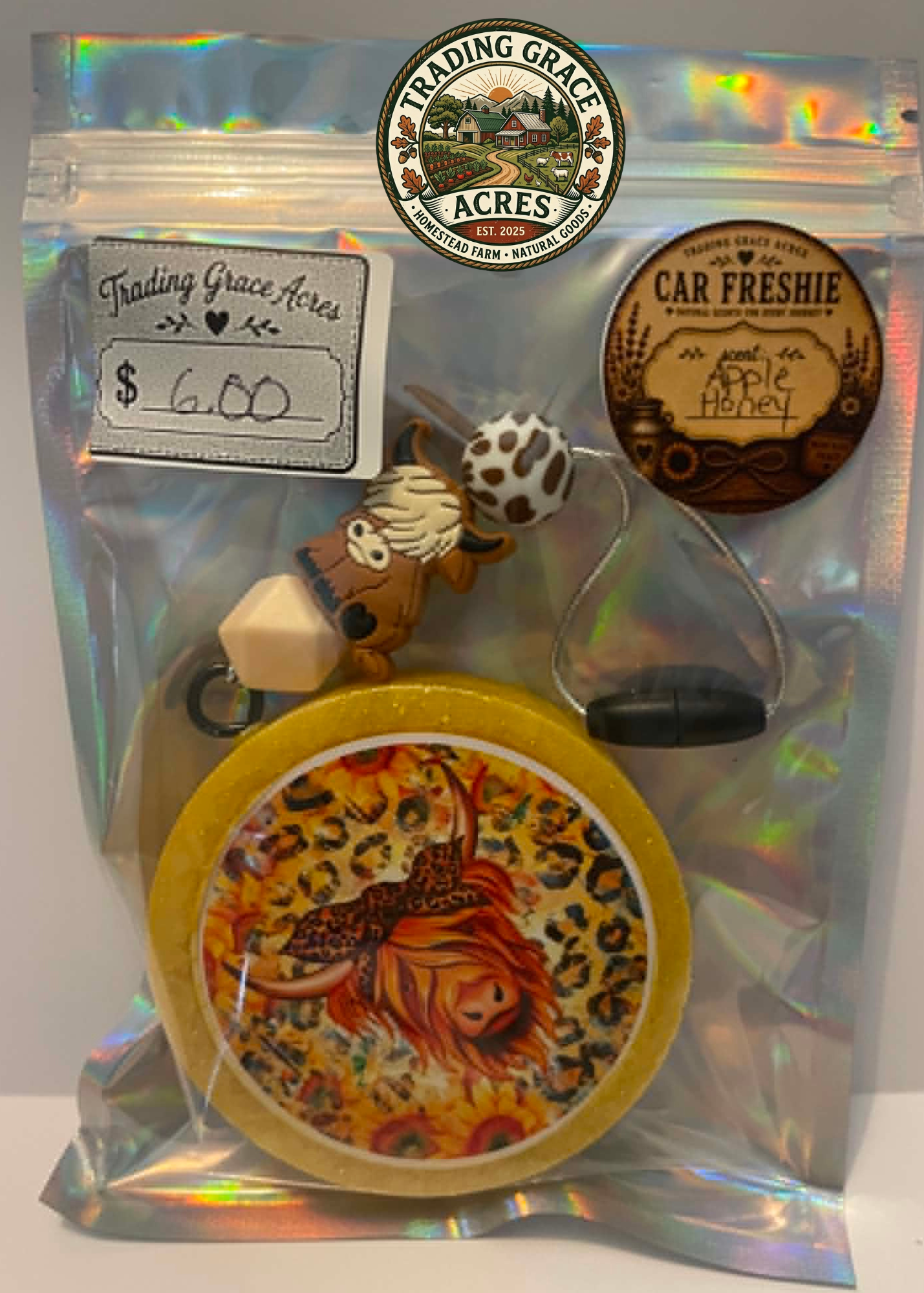 🐮 Sunflower Leopard Highland Cow Car Freshie – Apple Honey Scent