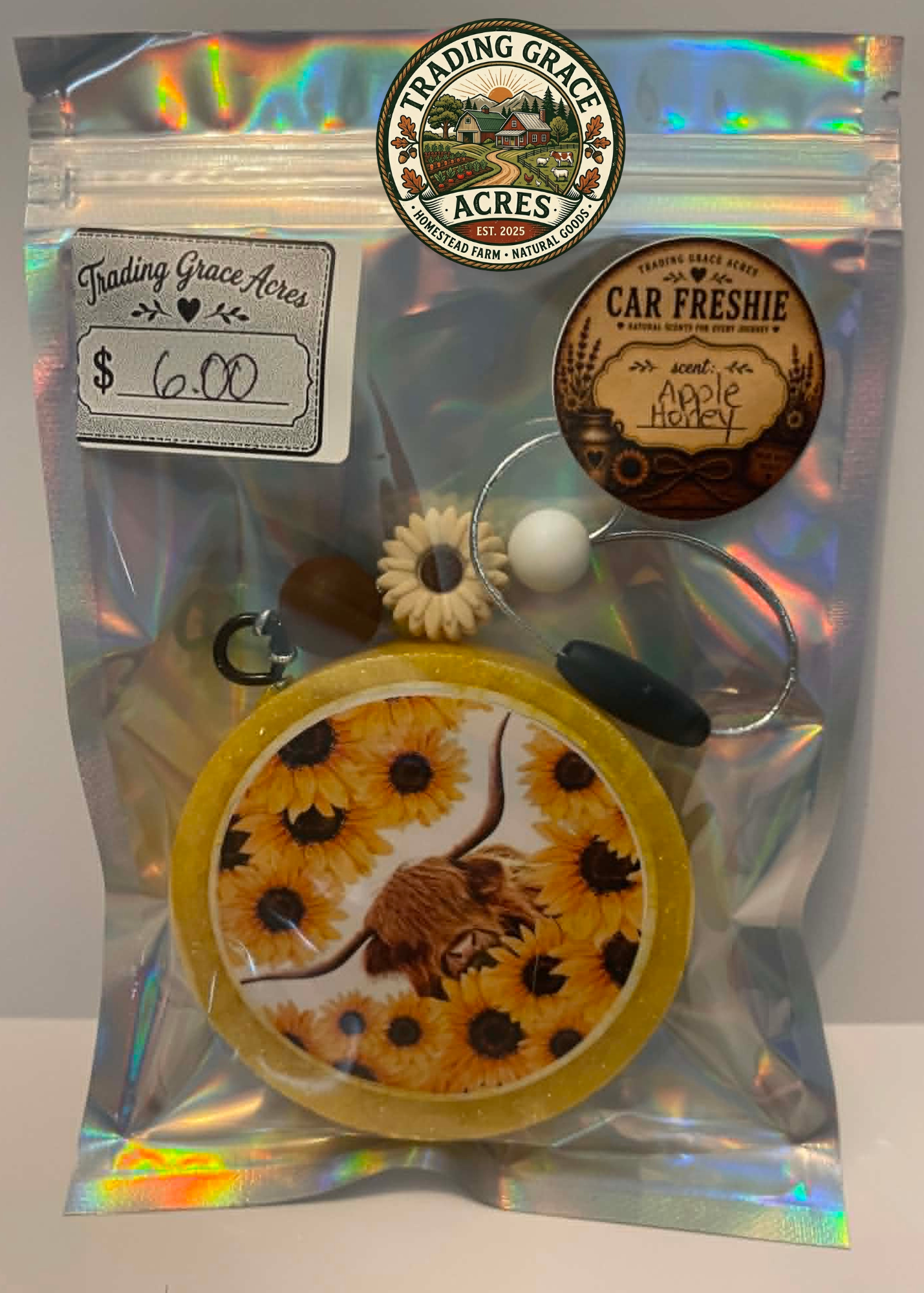 Sunflower Highland Cow Car Freshie – Apple Honey Scent
