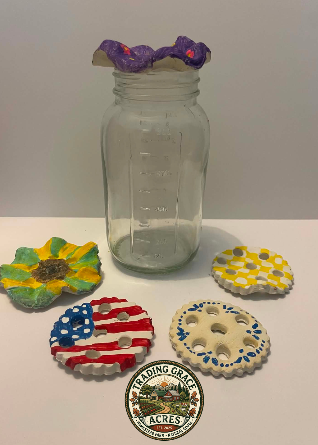 🌸 Hand-Painted Clay Flower Frog for Mason Jars